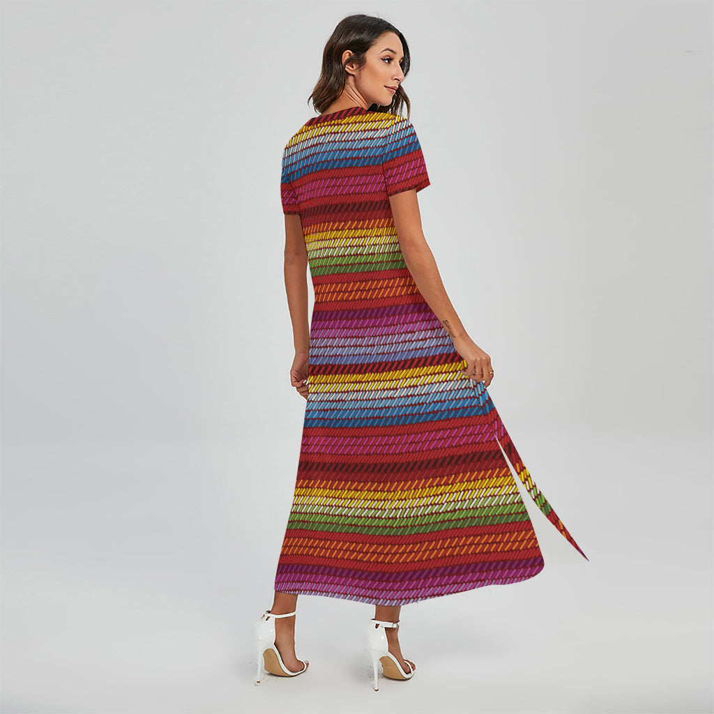 Colorful Mexican Woven Pattern Print Short Sleeve Maxi Dress