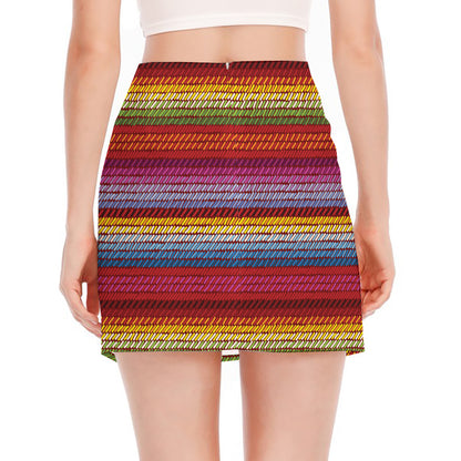 Colorful Mexican Woven Pattern Print Side Slit Mini Skirt
