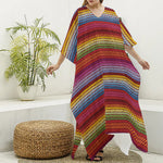 Colorful Mexican Woven Pattern Print Silk V-Neck Kaftan Dress