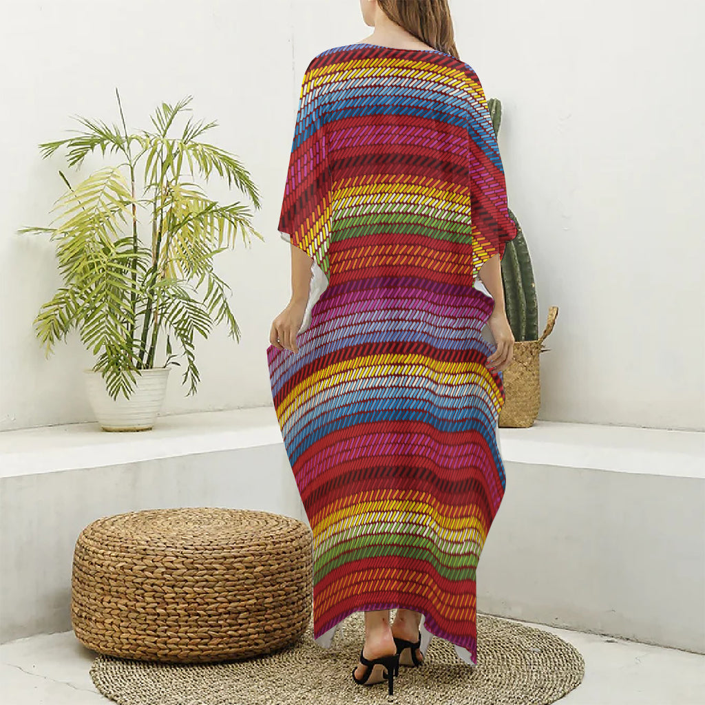 Colorful Mexican Woven Pattern Print Silk V-Neck Kaftan Dress
