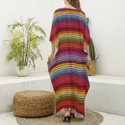 Colorful Mexican Woven Pattern Print Silk V-Neck Kaftan Dress