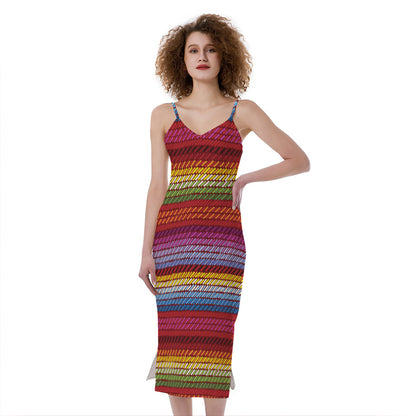 Colorful Mexican Woven Pattern Print Slim Fit Midi Cami Dress