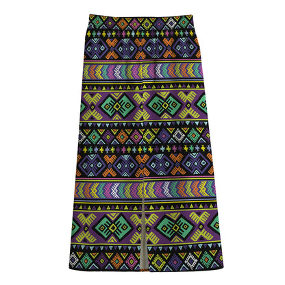 Colorful Native Navajo Tribal Print Cotton Front Slit Maxi Skirt