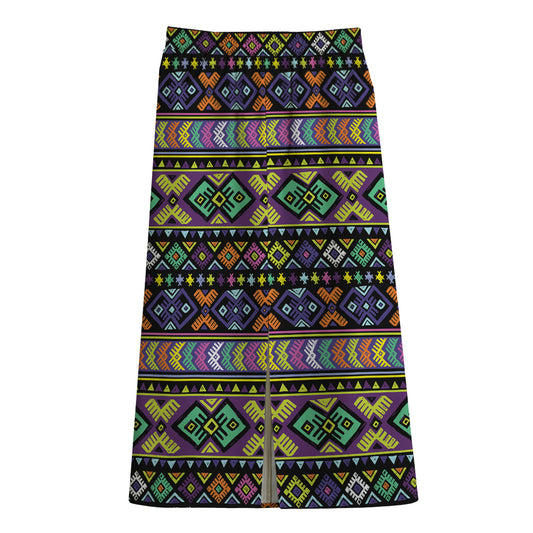 Colorful Native Navajo Tribal Print Cotton Front Slit Maxi Skirt