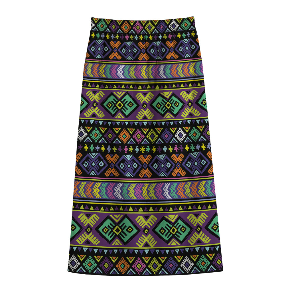 Colorful Native Navajo Tribal Print Cotton Front Slit Maxi Skirt