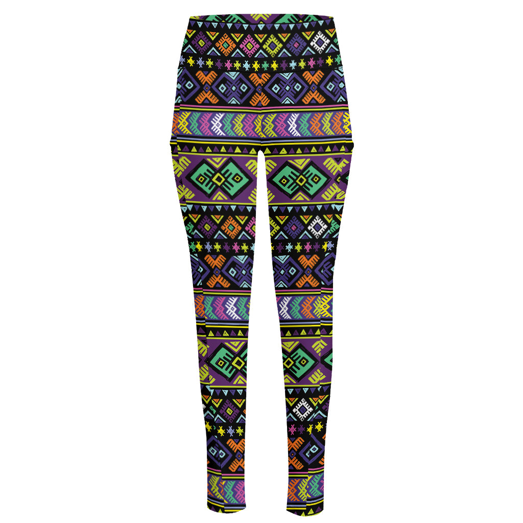 Colorful Native Navajo Tribal Print High-Waisted Pocket Leggings