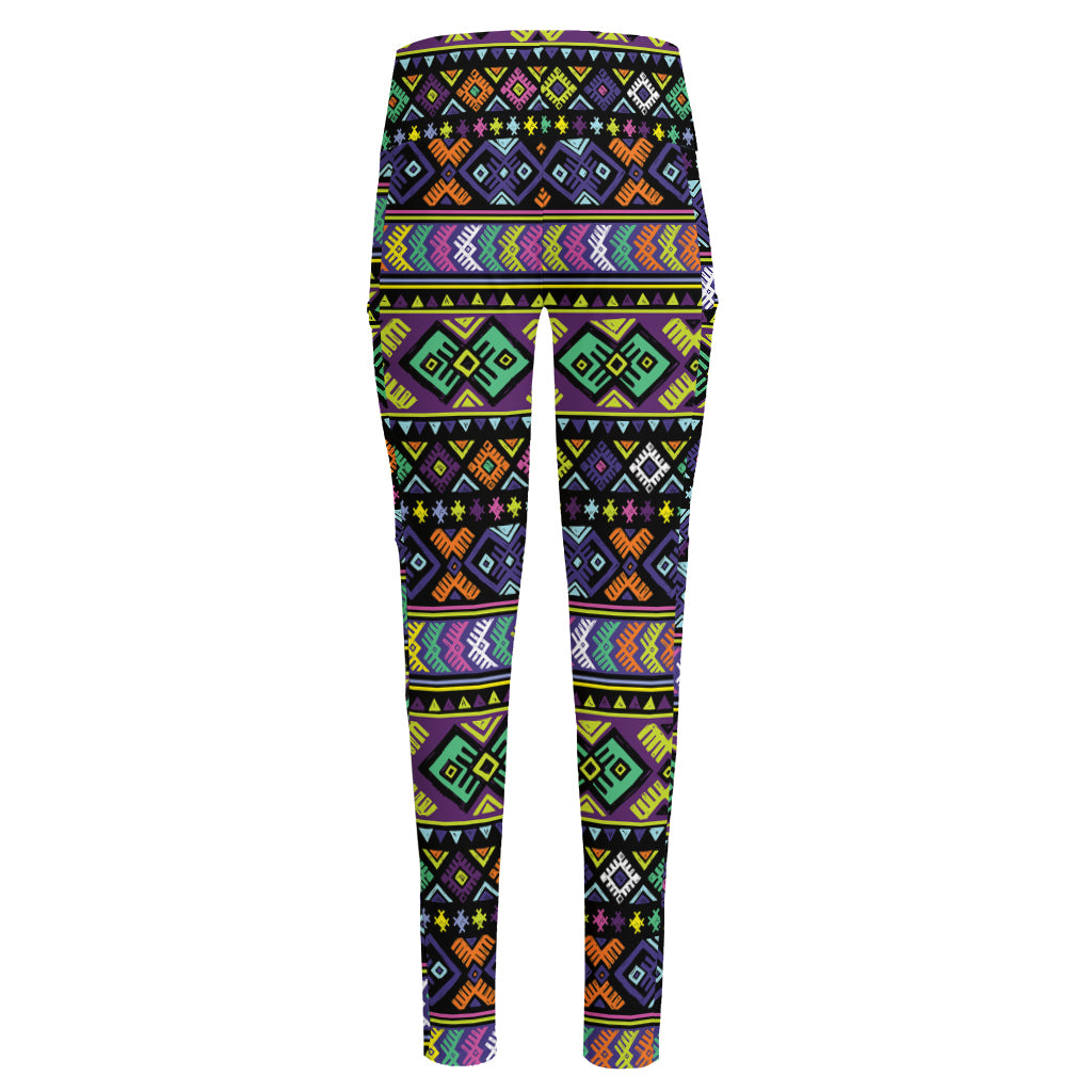 Colorful Native Navajo Tribal Print High-Waisted Pocket Leggings