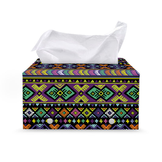 Colorful Native Navajo Tribal Print Leather Tissue Box Cover