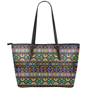 Colorful Native Navajo Tribal Print Leather Tote Bag