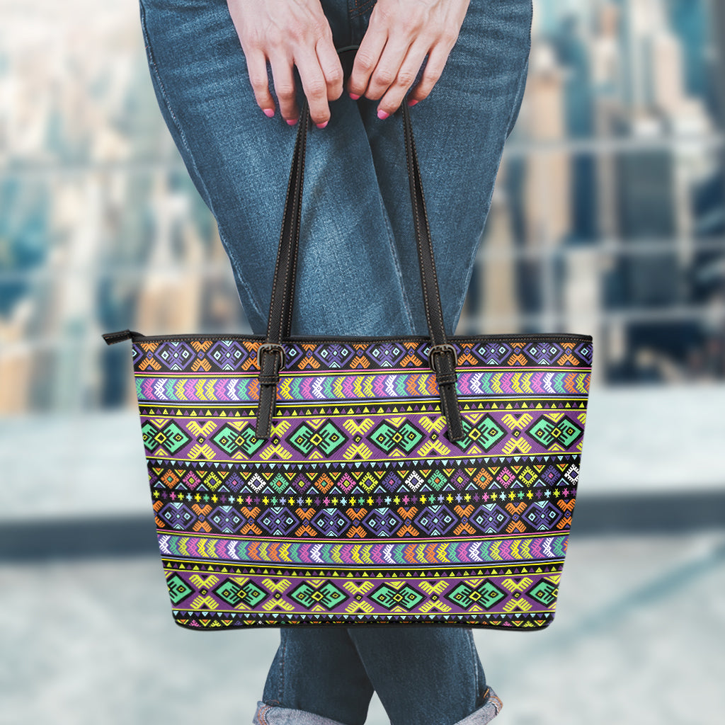 Colorful Native Navajo Tribal Print Leather Tote Bag