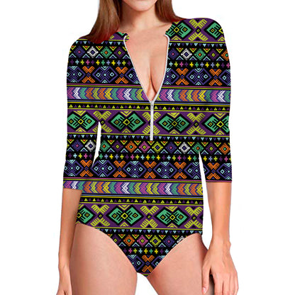 Colorful Native Navajo Tribal Print Long Sleeve Swimsuit