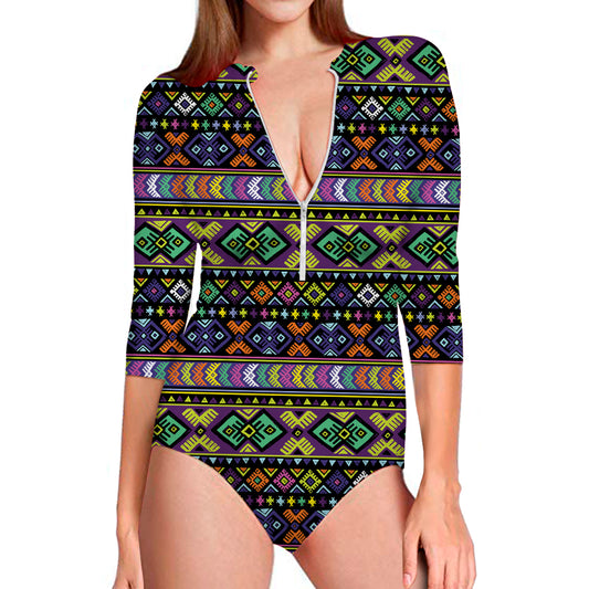 Colorful Native Navajo Tribal Print Long Sleeve Swimsuit