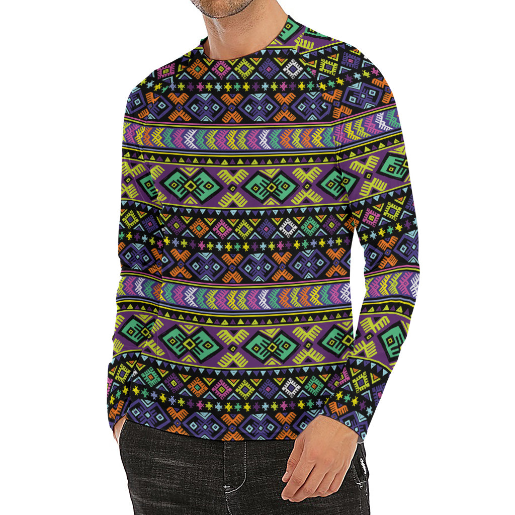 Colorful Native Navajo Tribal Print Men's Long Sleeve Rash Guard
