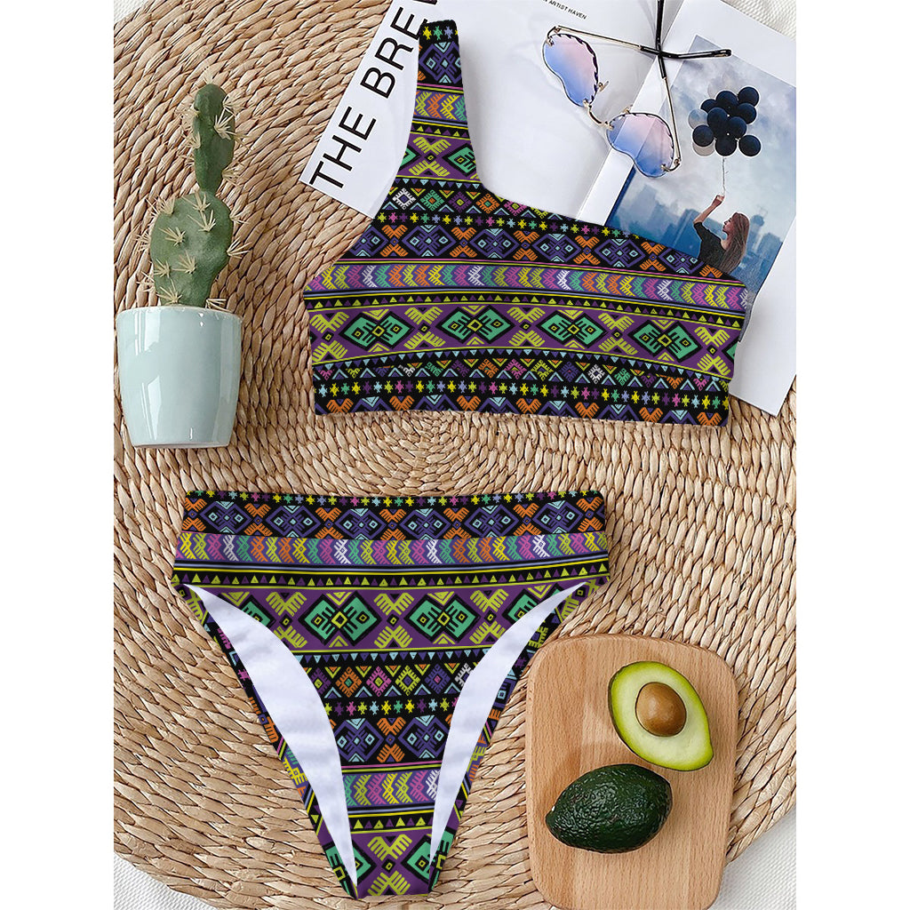 Colorful Native Navajo Tribal Print One Shoulder Bikini Top