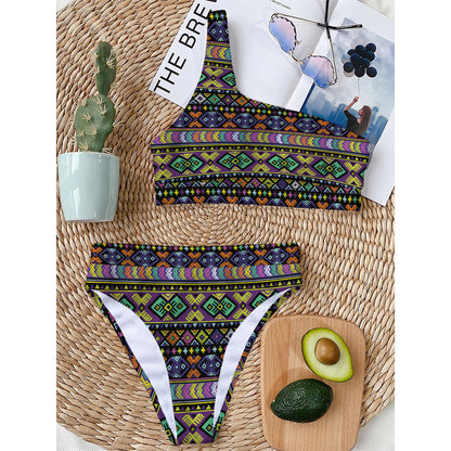 Colorful Native Navajo Tribal Print One Shoulder Bikini Top