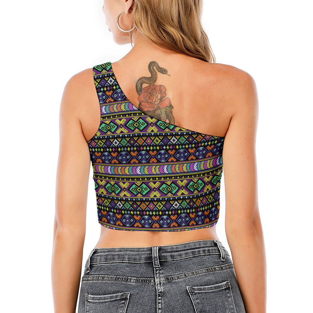 Colorful Native Navajo Tribal Print One Shoulder Crop Top