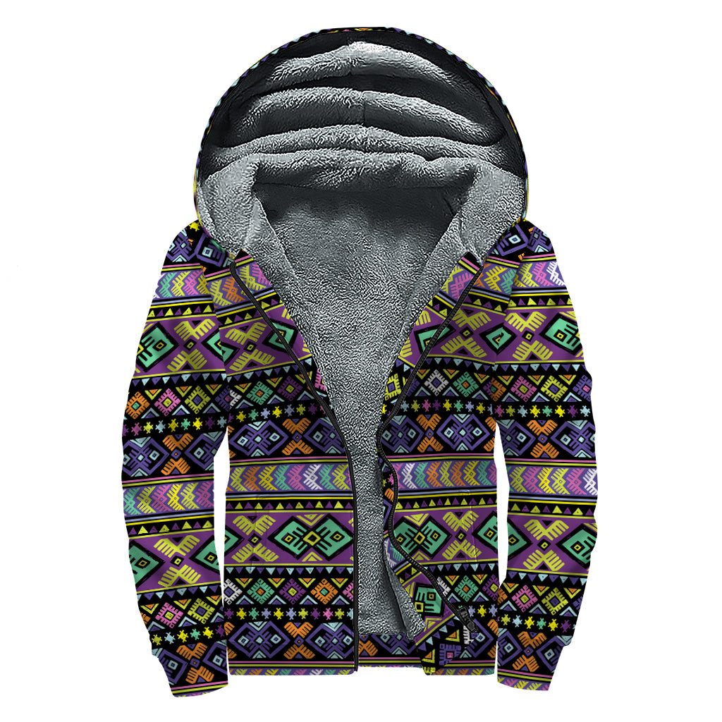 Colorful Native Navajo Tribal Print Sherpa Lined Zip Up Hoodie