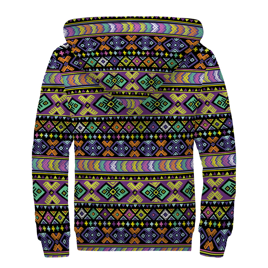 Colorful Native Navajo Tribal Print Sherpa Lined Zip Up Hoodie