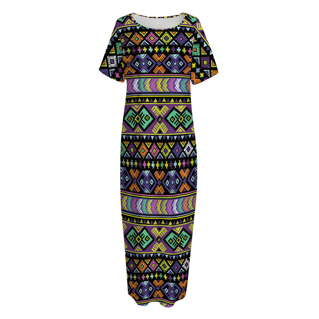 Colorful Native Navajo Tribal Print Short Sleeve Long Nightdress