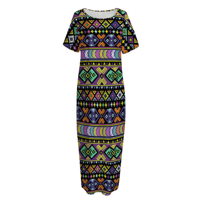 Colorful Native Navajo Tribal Print Short Sleeve Long Nightdress