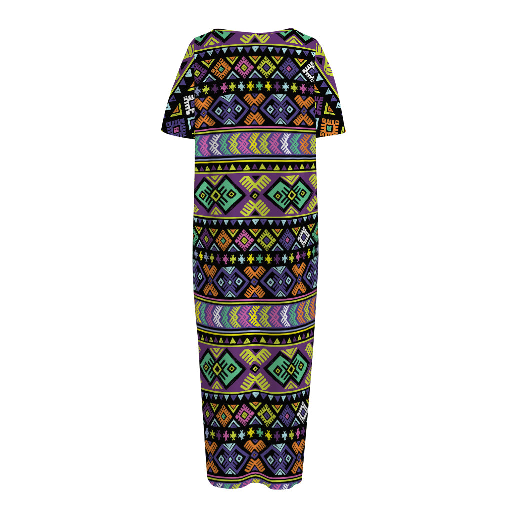 Colorful Native Navajo Tribal Print Short Sleeve Long Nightdress