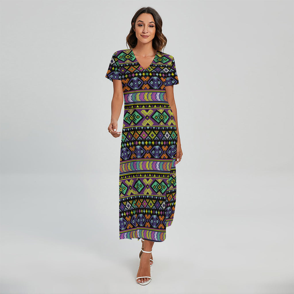 Colorful Native Navajo Tribal Print Short Sleeve Maxi Dress