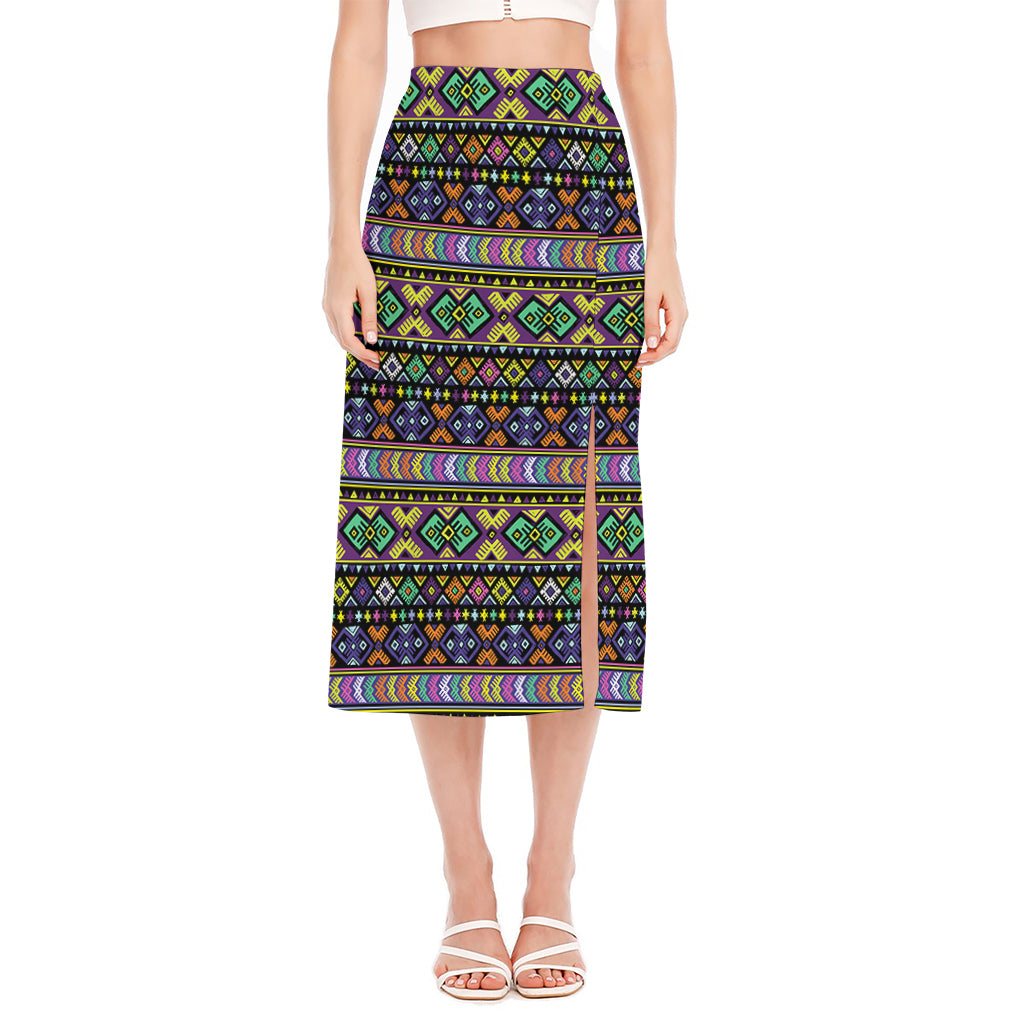 Colorful Native Navajo Tribal Print Side Slit Midi Skirt
