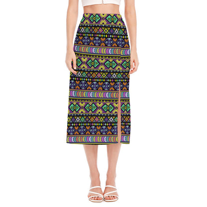 Colorful Native Navajo Tribal Print Side Slit Midi Skirt