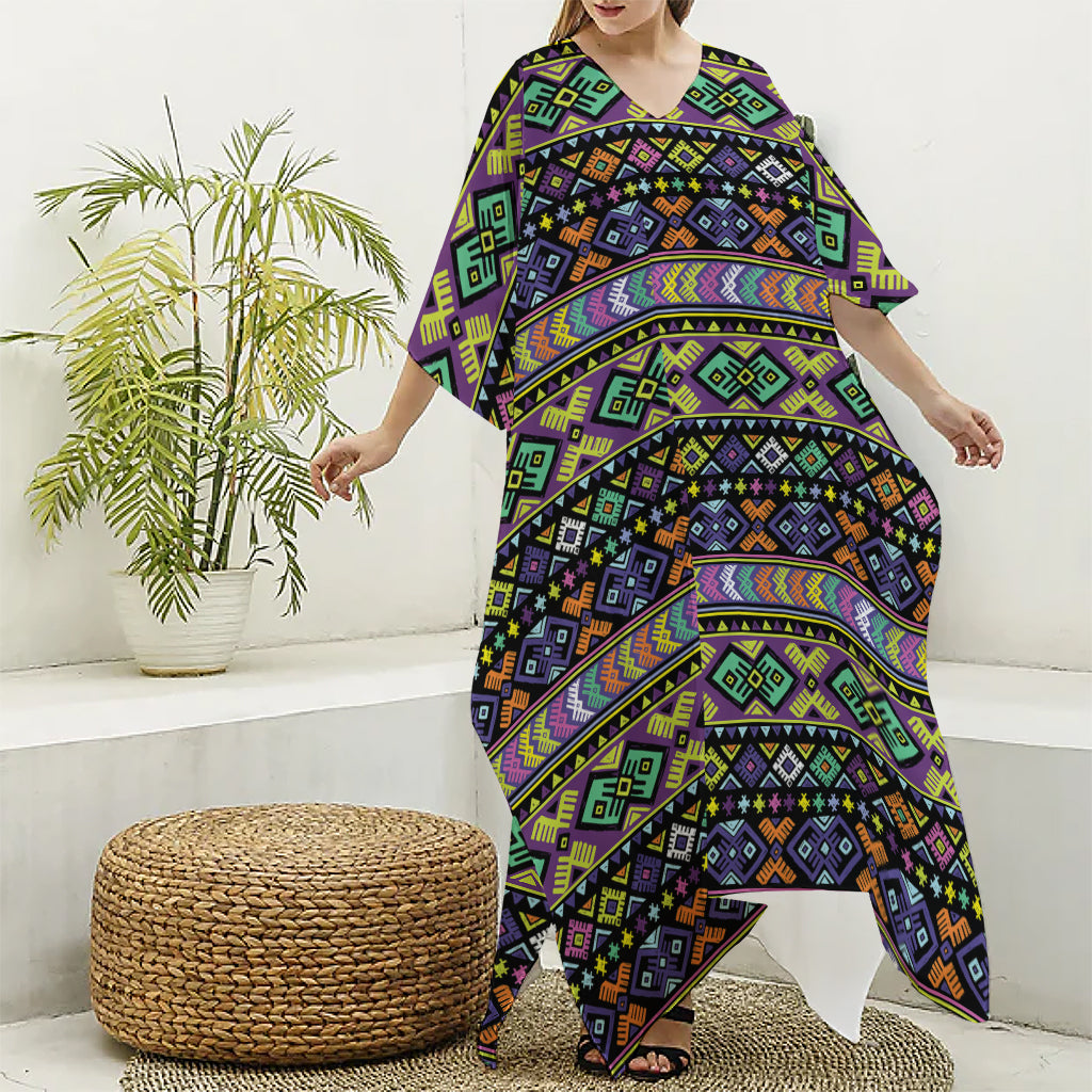 Colorful Native Navajo Tribal Print Silk V-Neck Kaftan Dress