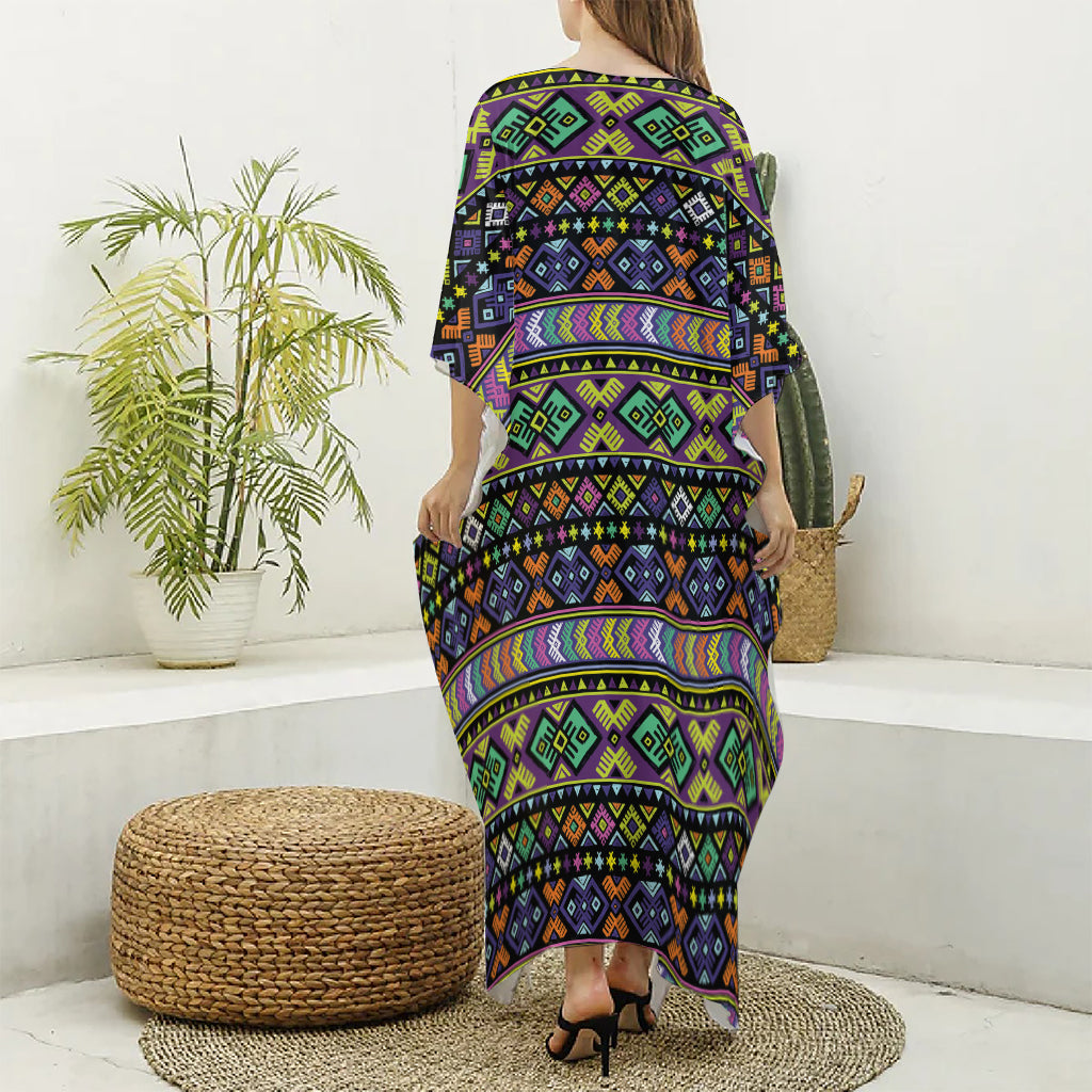 Colorful Native Navajo Tribal Print Silk V-Neck Kaftan Dress