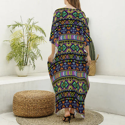 Colorful Native Navajo Tribal Print Silk V-Neck Kaftan Dress