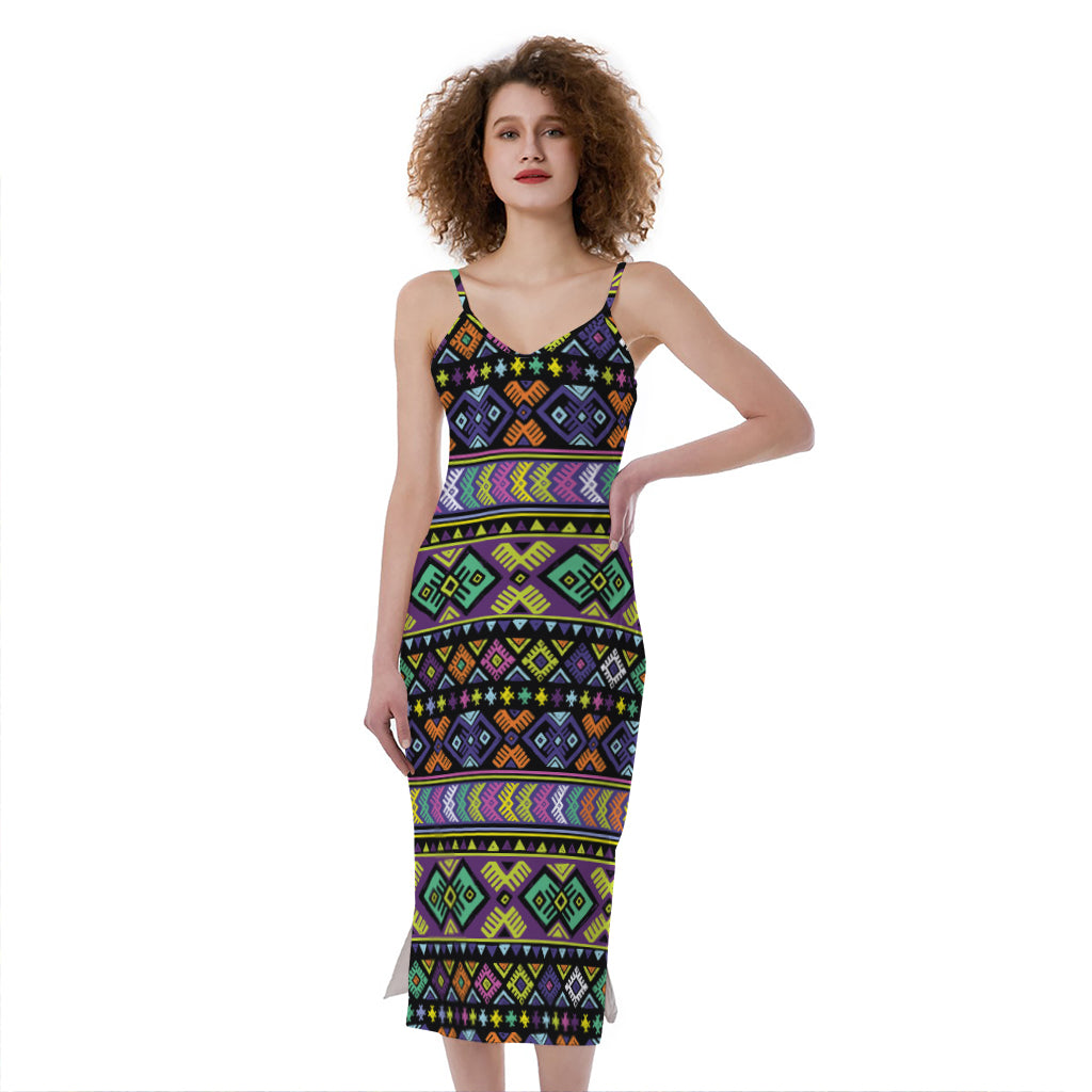 Colorful Native Navajo Tribal Print Slim Fit Midi Cami Dress