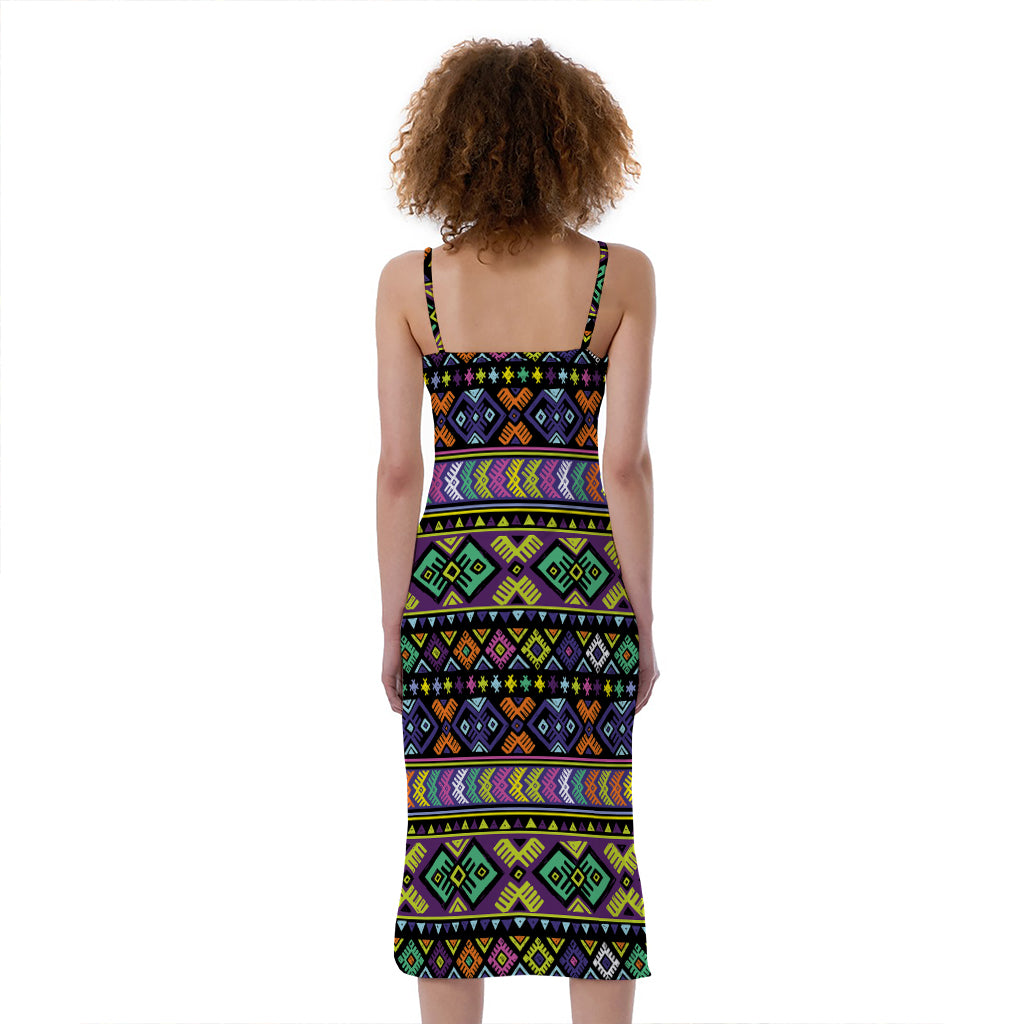 Colorful Native Navajo Tribal Print Slim Fit Midi Cami Dress