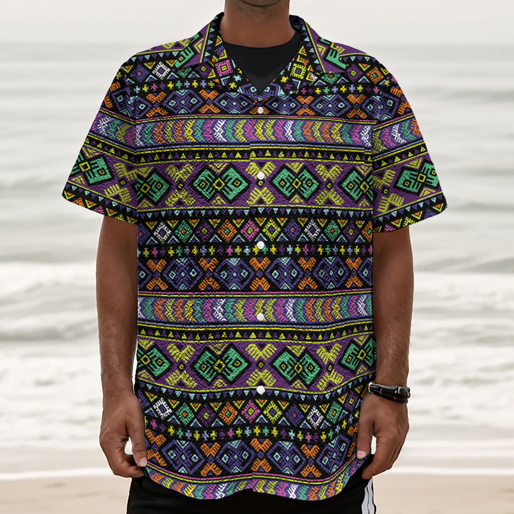 Colorful Native Navajo Tribal Print Textured Short Sleeve Shirt