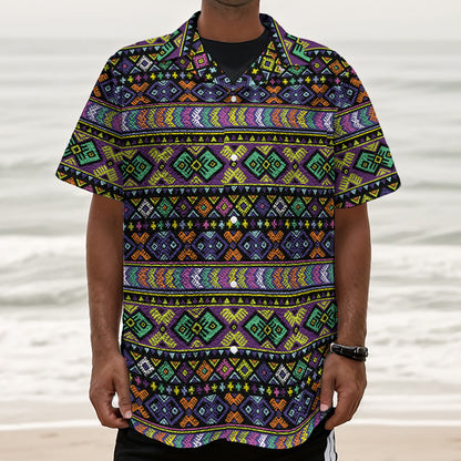 Colorful Native Navajo Tribal Print Textured Short Sleeve Shirt