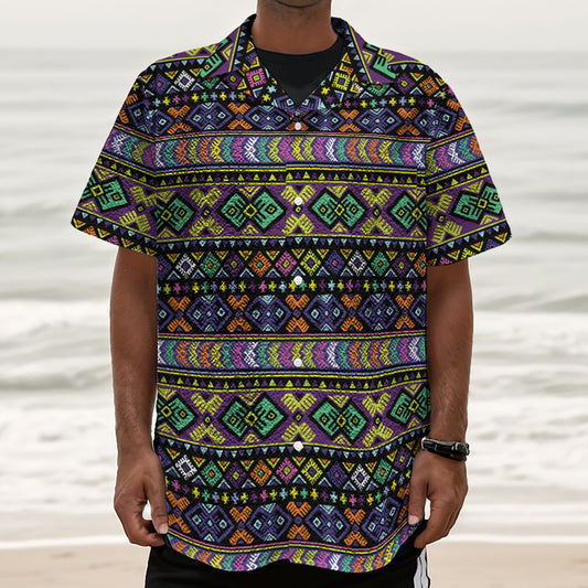 Colorful Native Navajo Tribal Print Textured Short Sleeve Shirt