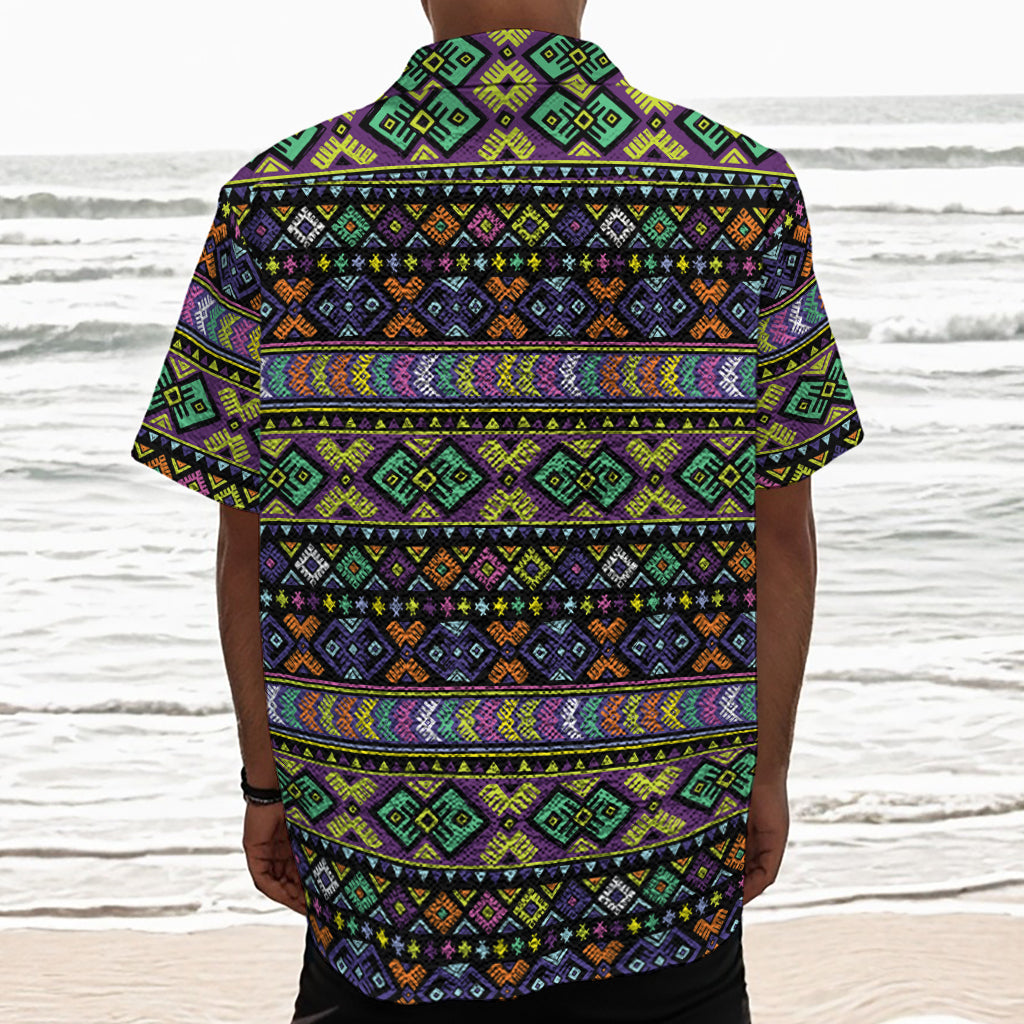 Colorful Native Navajo Tribal Print Textured Short Sleeve Shirt