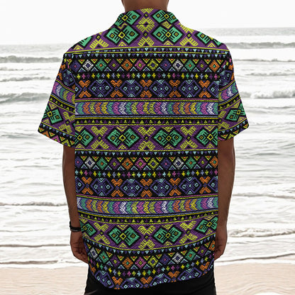 Colorful Native Navajo Tribal Print Textured Short Sleeve Shirt
