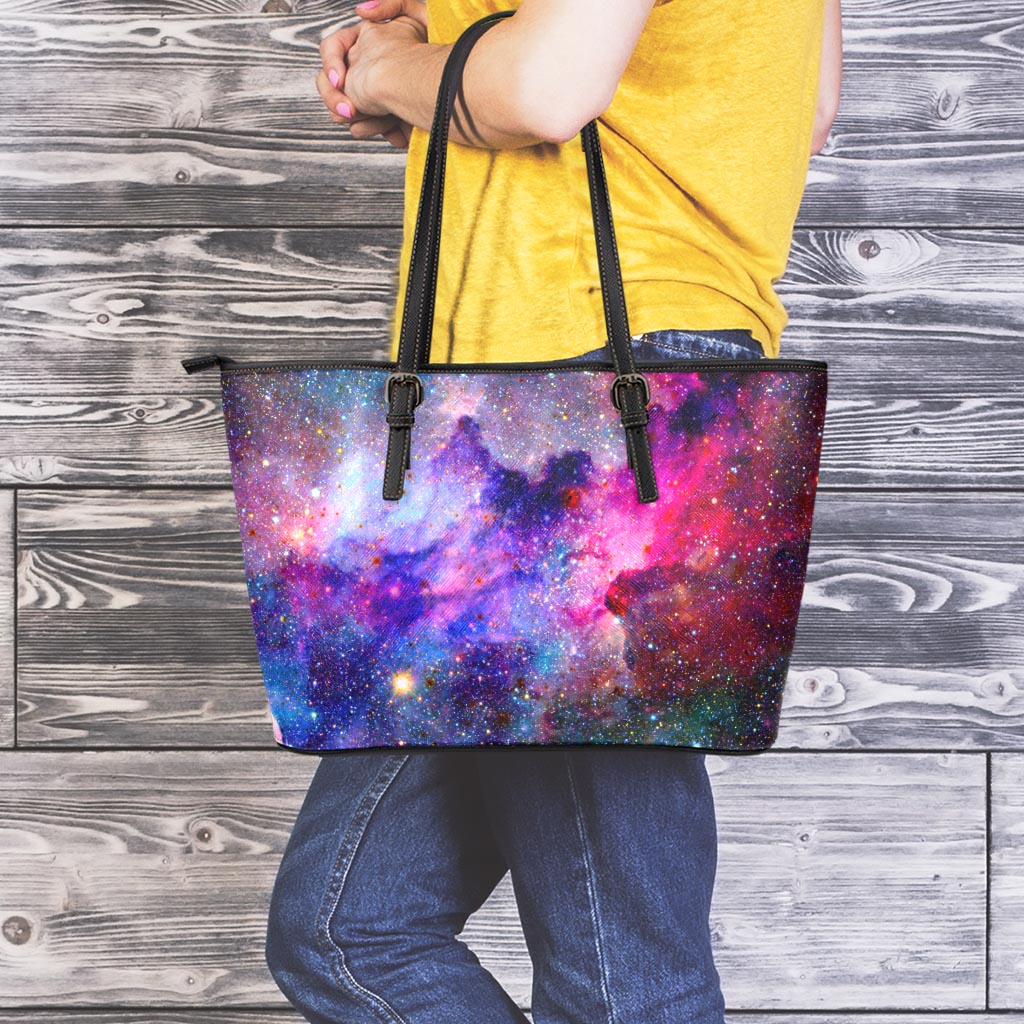 Colorful Nebula Galaxy Space Print Leather Tote Bag