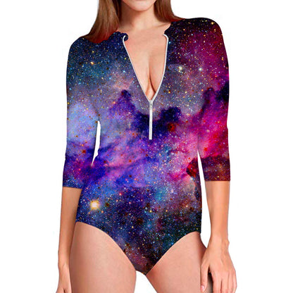 Colorful Nebula Galaxy Space Print Long Sleeve Swimsuit