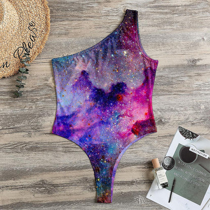 Colorful Nebula Galaxy Space Print One Shoulder Bodysuit