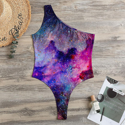 Colorful Nebula Galaxy Space Print One Shoulder Bodysuit