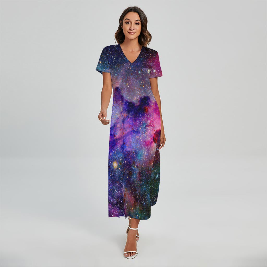 Colorful Nebula Galaxy Space Print Short Sleeve Maxi Dress