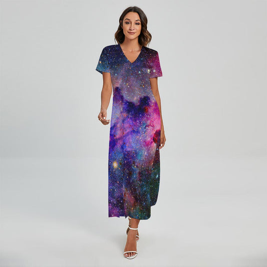 Colorful Nebula Galaxy Space Print Short Sleeve Maxi Dress