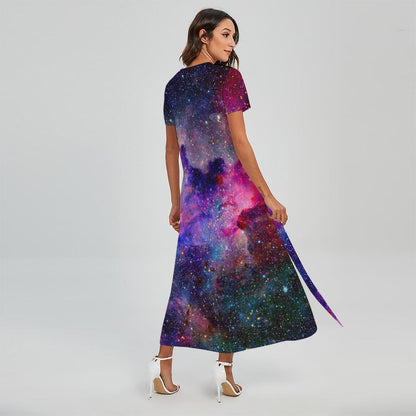 Colorful Nebula Galaxy Space Print Short Sleeve Maxi Dress