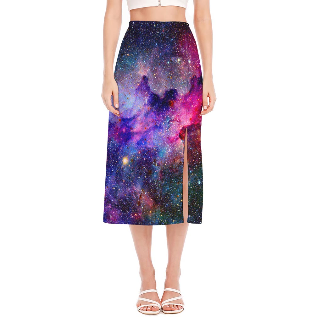 Colorful Nebula Galaxy Space Print Side Slit Midi Skirt