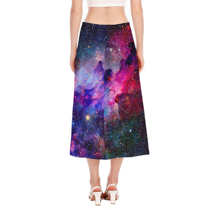 Colorful Nebula Galaxy Space Print Side Slit Midi Skirt