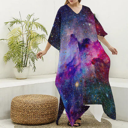 Colorful Nebula Galaxy Space Print Silk V-Neck Kaftan Dress
