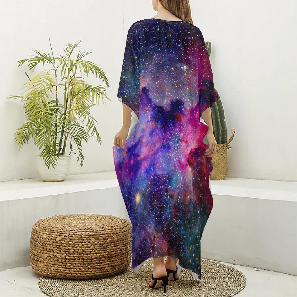 Colorful Nebula Galaxy Space Print Silk V-Neck Kaftan Dress
