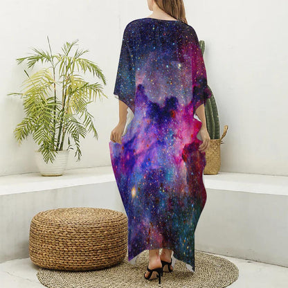Colorful Nebula Galaxy Space Print Silk V-Neck Kaftan Dress